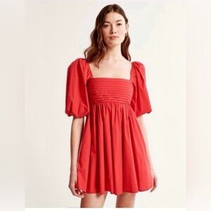 Abercrombie & Fitch Red Puff Sleeve Mini Dress Size Large L Smocked Back A-Line